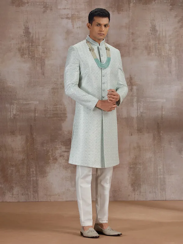 Mint blue silk sherwani for wedding groom