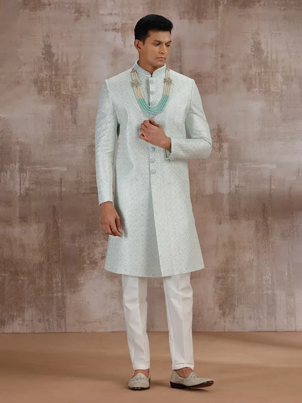Mint blue silk sherwani for wedding groom