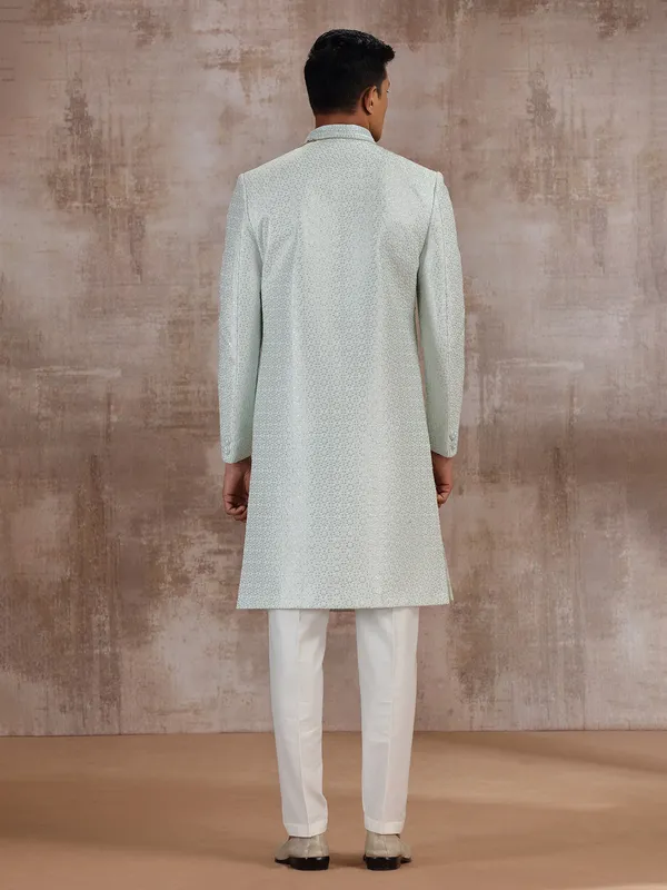 Mint blue silk sherwani for wedding groom