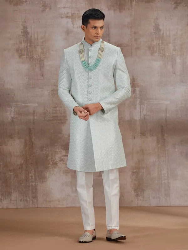 Mint blue silk sherwani for wedding groom