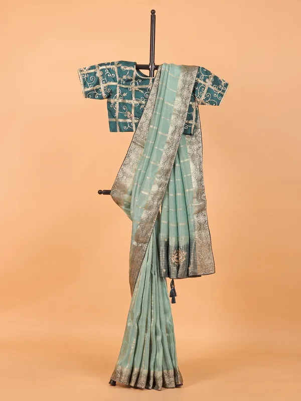 Mint blue soft organza saree with ready made blouse