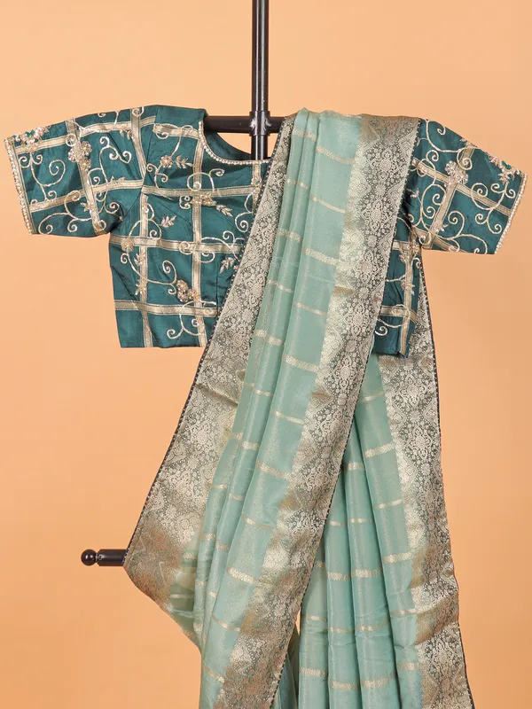 Mint blue soft organza saree with ready made blouse