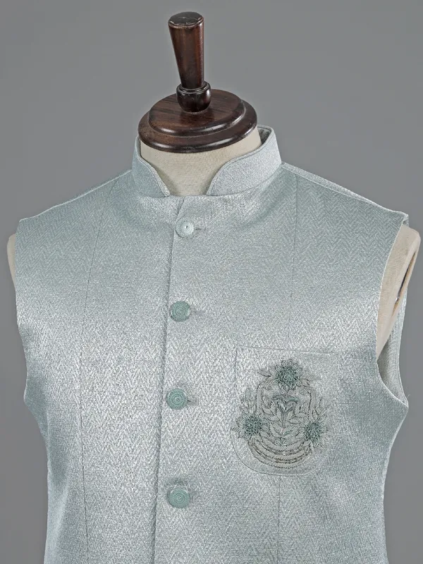 Mint blue textured waistcoat for men