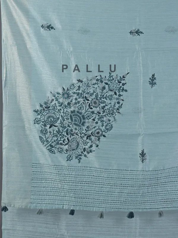 Mint blue thread worked cotton silk saree