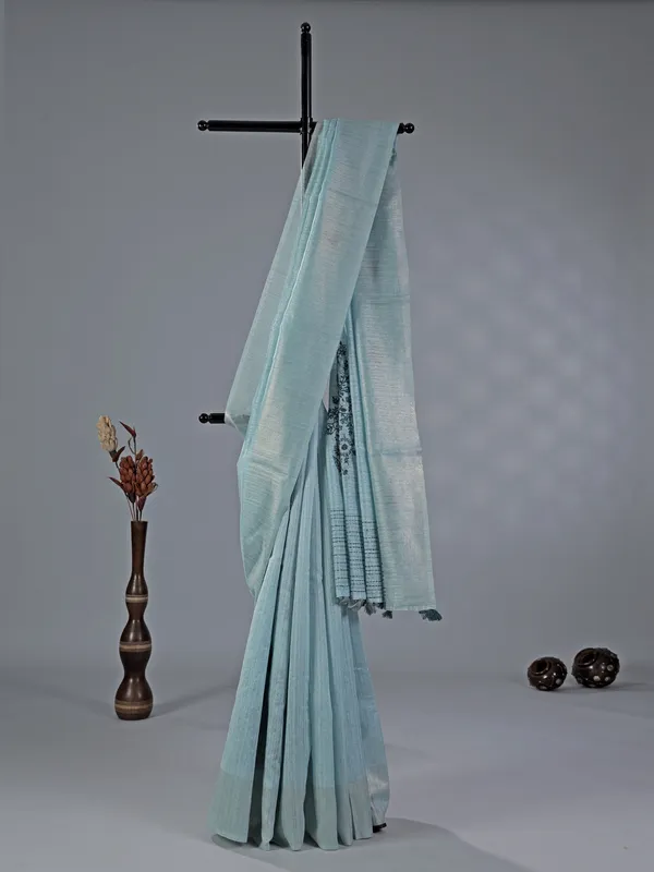 Mint blue thread worked cotton silk saree