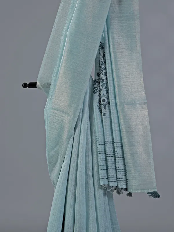 Mint blue thread worked cotton silk saree