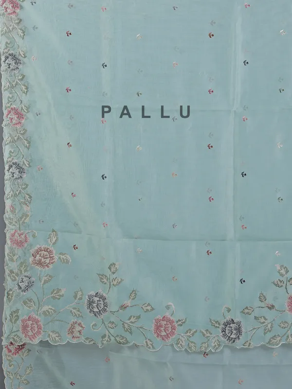 Mint blue thread worked saree in cotton silk