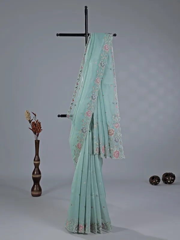 Mint blue thread worked saree in cotton silk