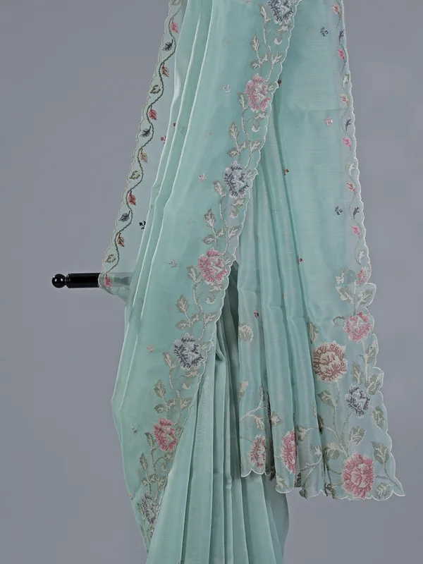 Mint blue thread worked saree in cotton silk