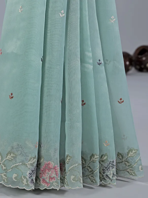 Mint blue thread worked saree in cotton silk