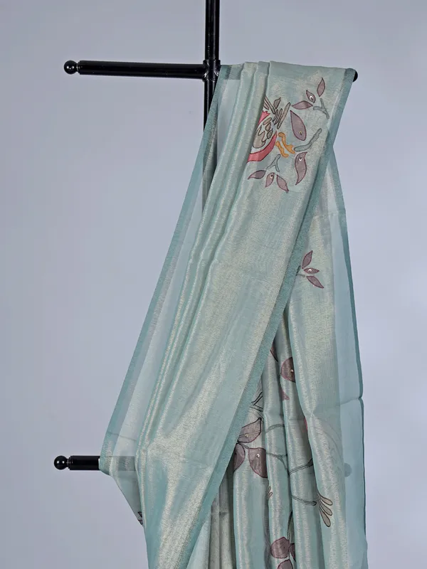 Mint blue tissue cotton silk saree with sequins and embroidery accents