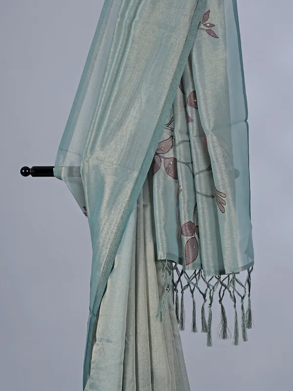 Mint blue tissue cotton silk saree with sequins and embroidery accents