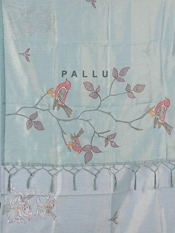 Mint blue tissue cotton silk saree with sequins and embroidery accents