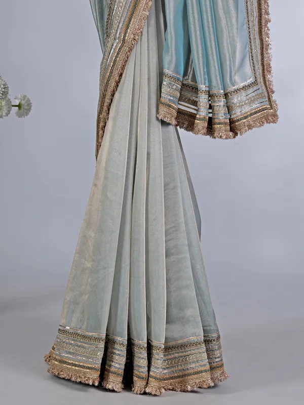 Mint blue tissue silk saree with gota accents