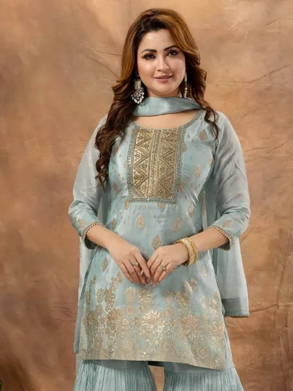 Mint blue tissue silk sharara suit for wedding