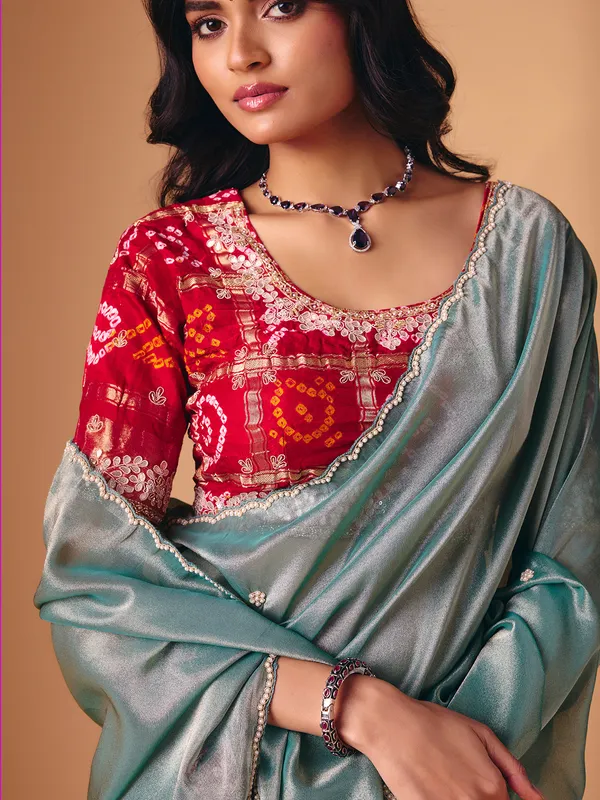 Mint blue tissue silk wedding wear saree