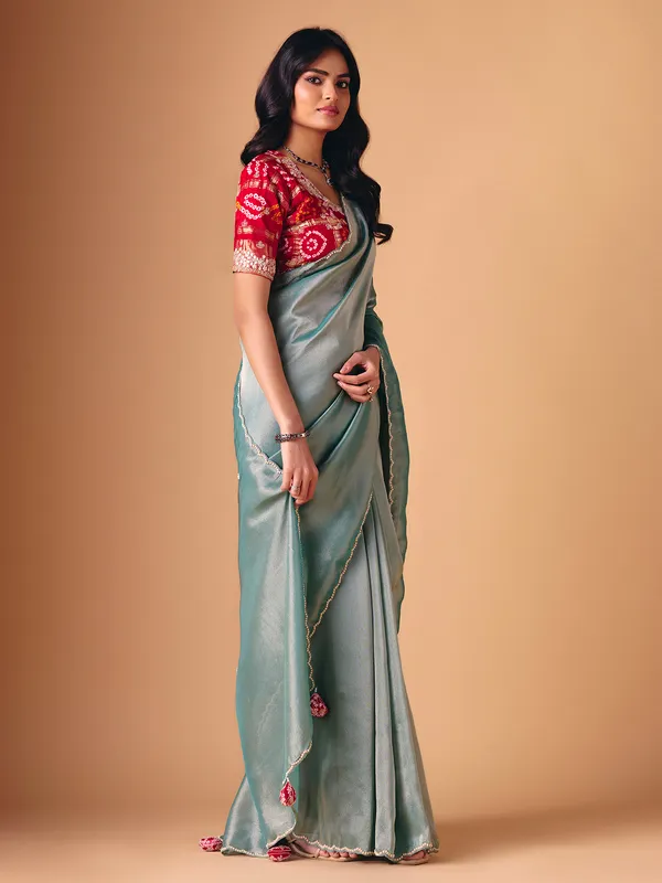 Mint blue tissue silk wedding wear saree