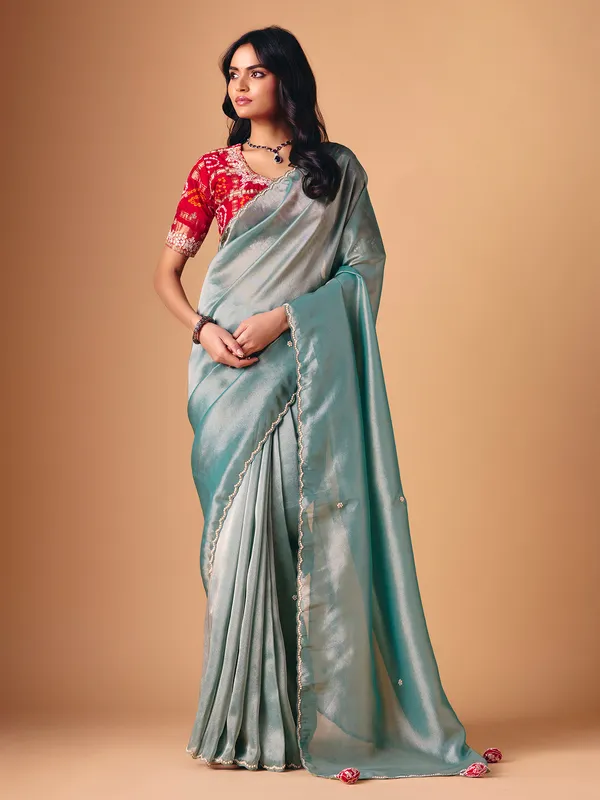 Mint blue tissue silk wedding wear saree