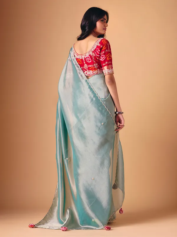 Mint blue tissue silk wedding wear saree