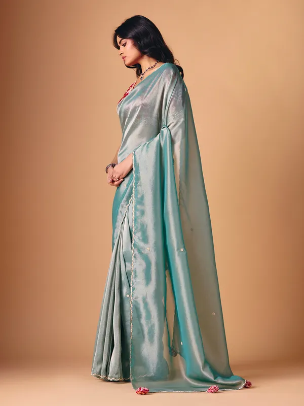Mint blue tissue silk wedding wear saree