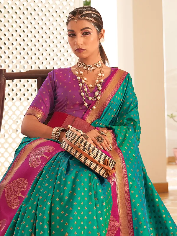 Mint green banarasi silk zari weaving saree
