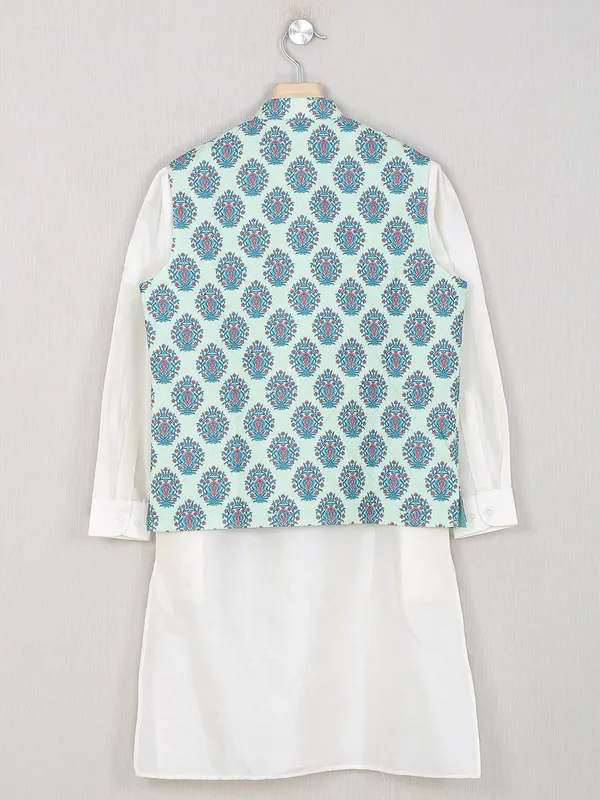 Mint green color printed waistcoat set for festive