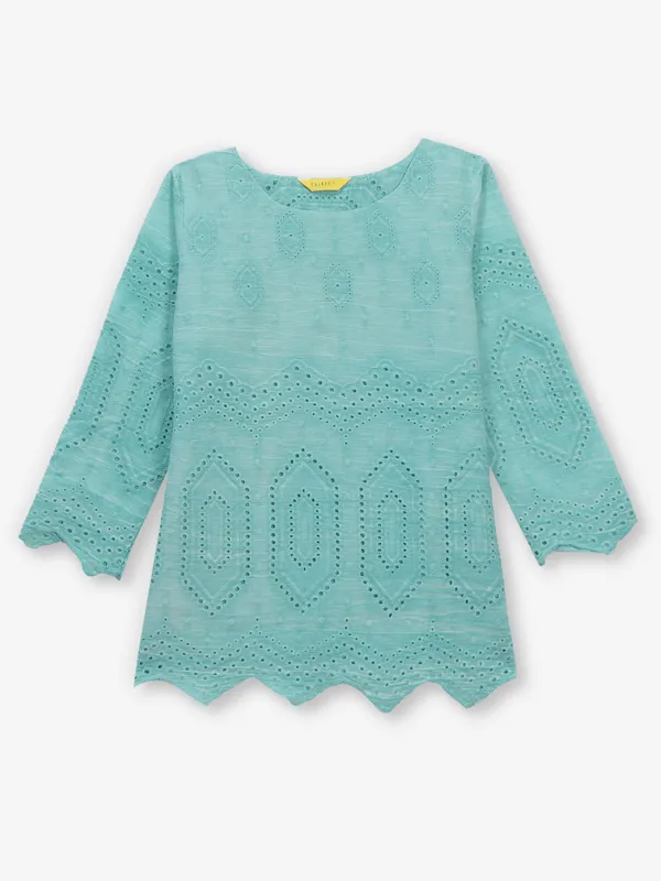 Mint green cotton cutwork top for casual