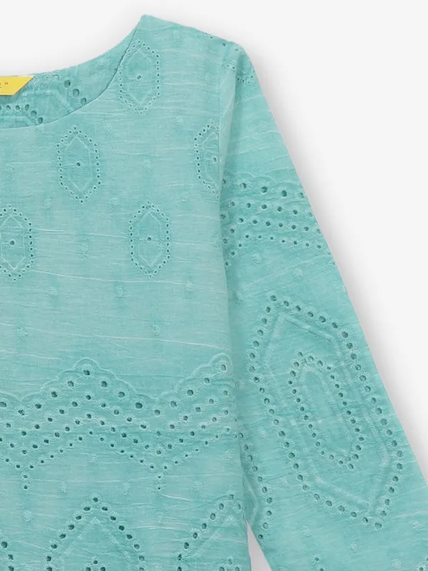 Mint green cotton cutwork top for casual