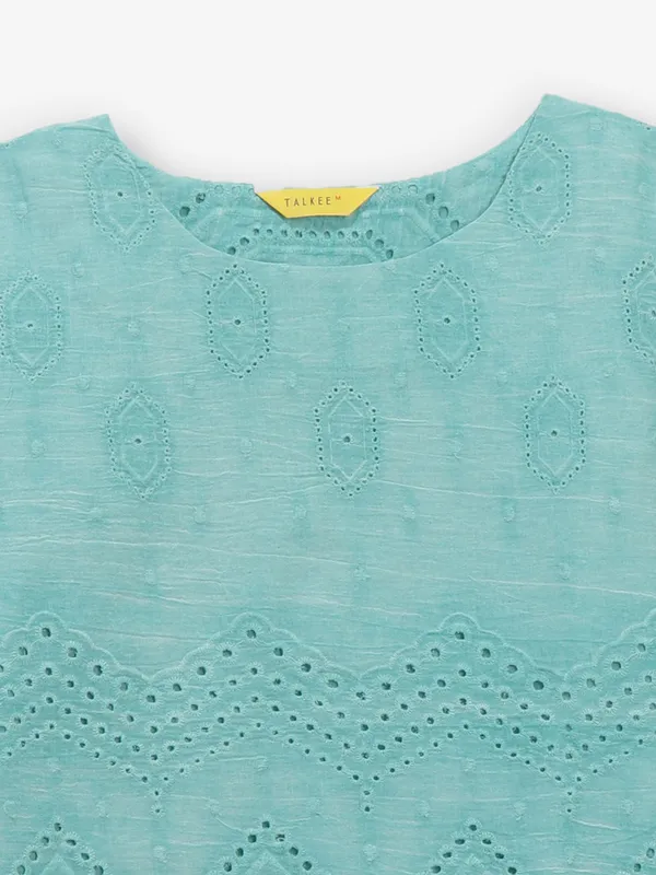 Mint green cotton cutwork top for casual