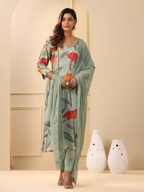 Mint green cotton floral printed kurti set