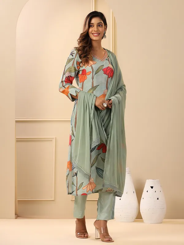 Mint green cotton floral printed kurti set