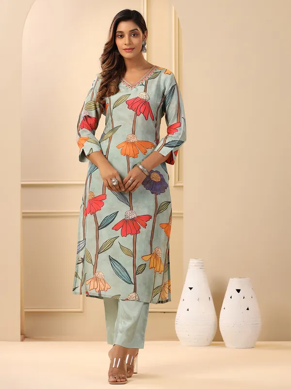 Mint green cotton floral printed kurti set