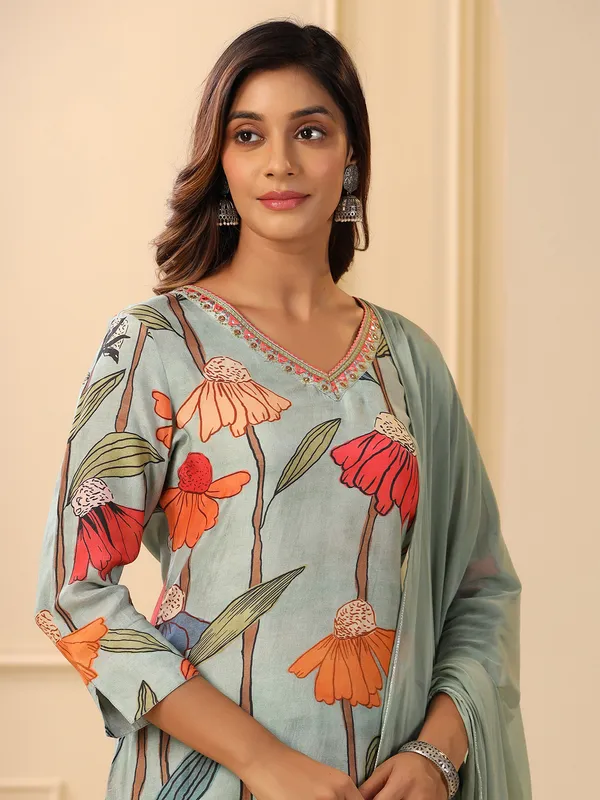 Mint green cotton floral printed kurti set