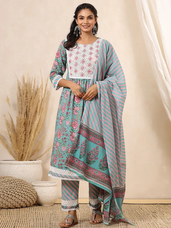 Mint green cotton printed kurti set