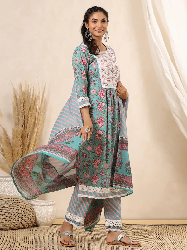 Mint green cotton printed kurti set