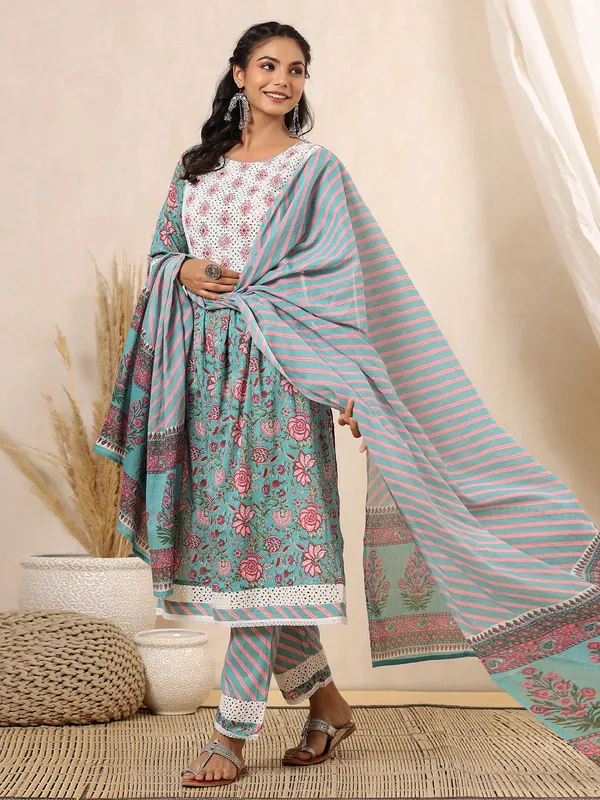 Mint green cotton printed kurti set