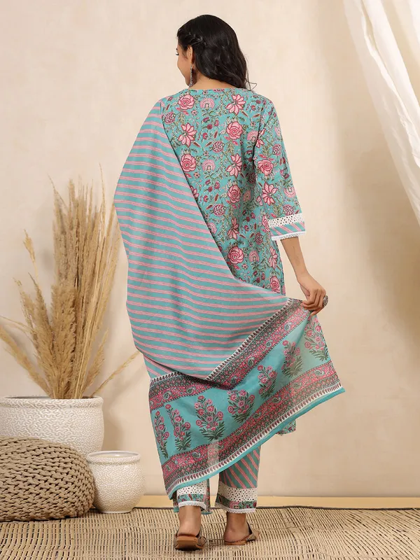 Mint green cotton printed kurti set
