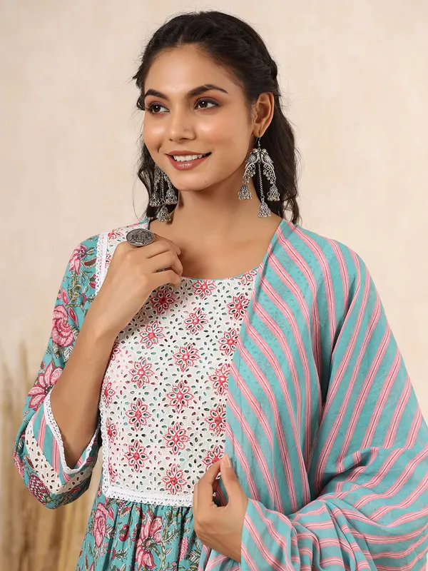 Mint green cotton printed kurti set