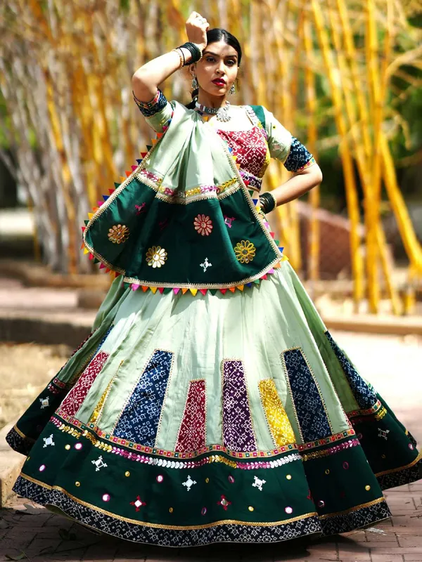 Mint green cotton silk chaniya choli with dupatta