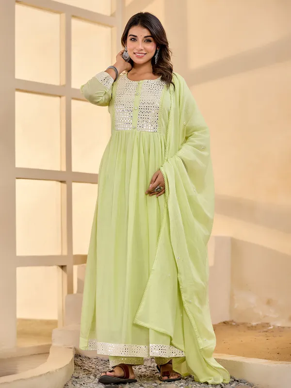 Mint green cotton silk kurti set with dupatta
