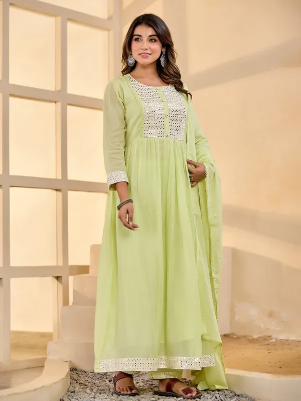 Mint green cotton silk kurti set with dupatta
