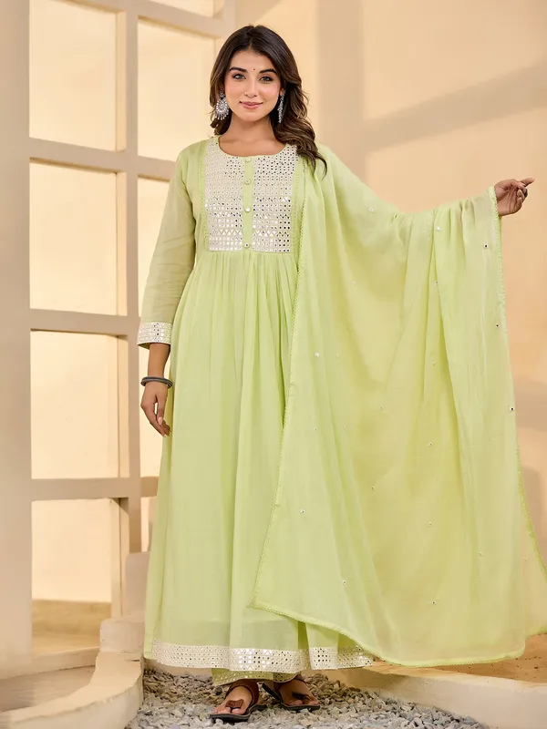 Mint green cotton silk kurti set with dupatta