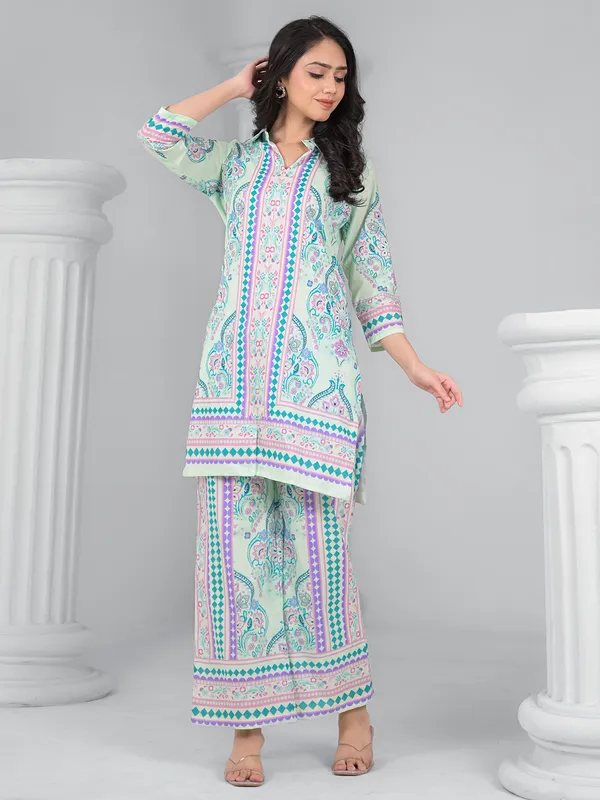 Mint green cotton silk printed palazzo kurti set