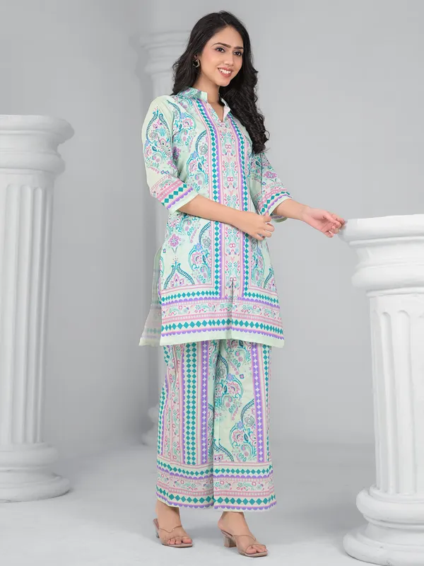 Mint green cotton silk printed palazzo kurti set
