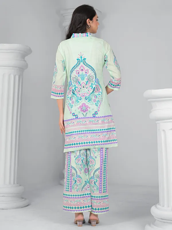 Mint green cotton silk printed palazzo kurti set