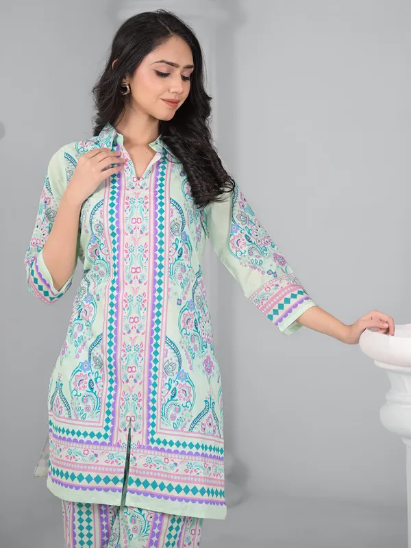 Mint green cotton silk printed palazzo kurti set
