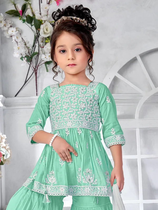 Mint green cotton silk sharara suit with dupatta