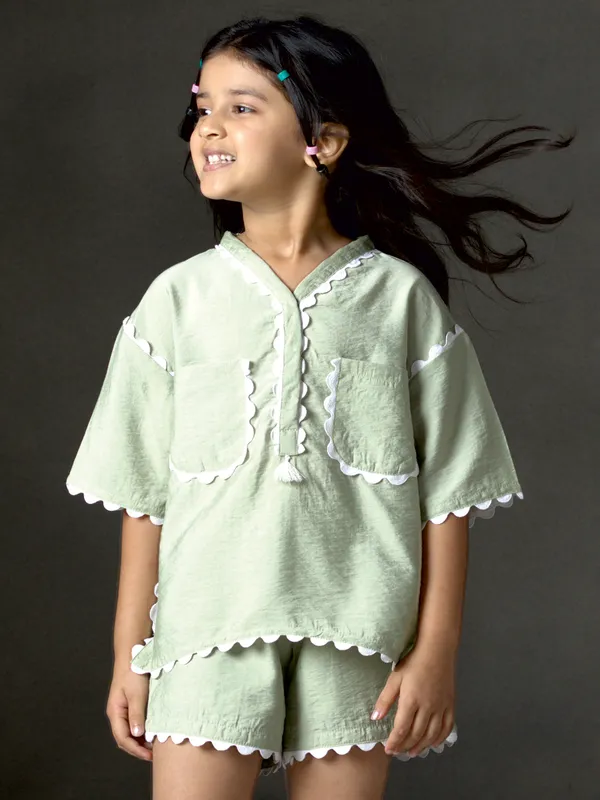 Mint green cotton silk V neck co-ord set