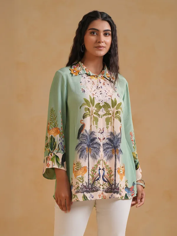 Mint green crepe silk printed shirt