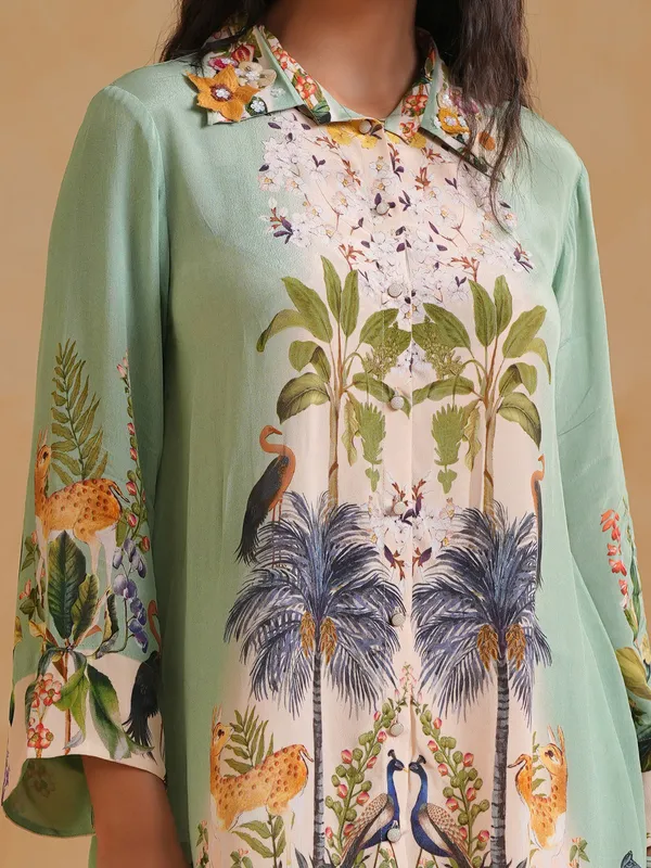 Mint green crepe silk printed shirt